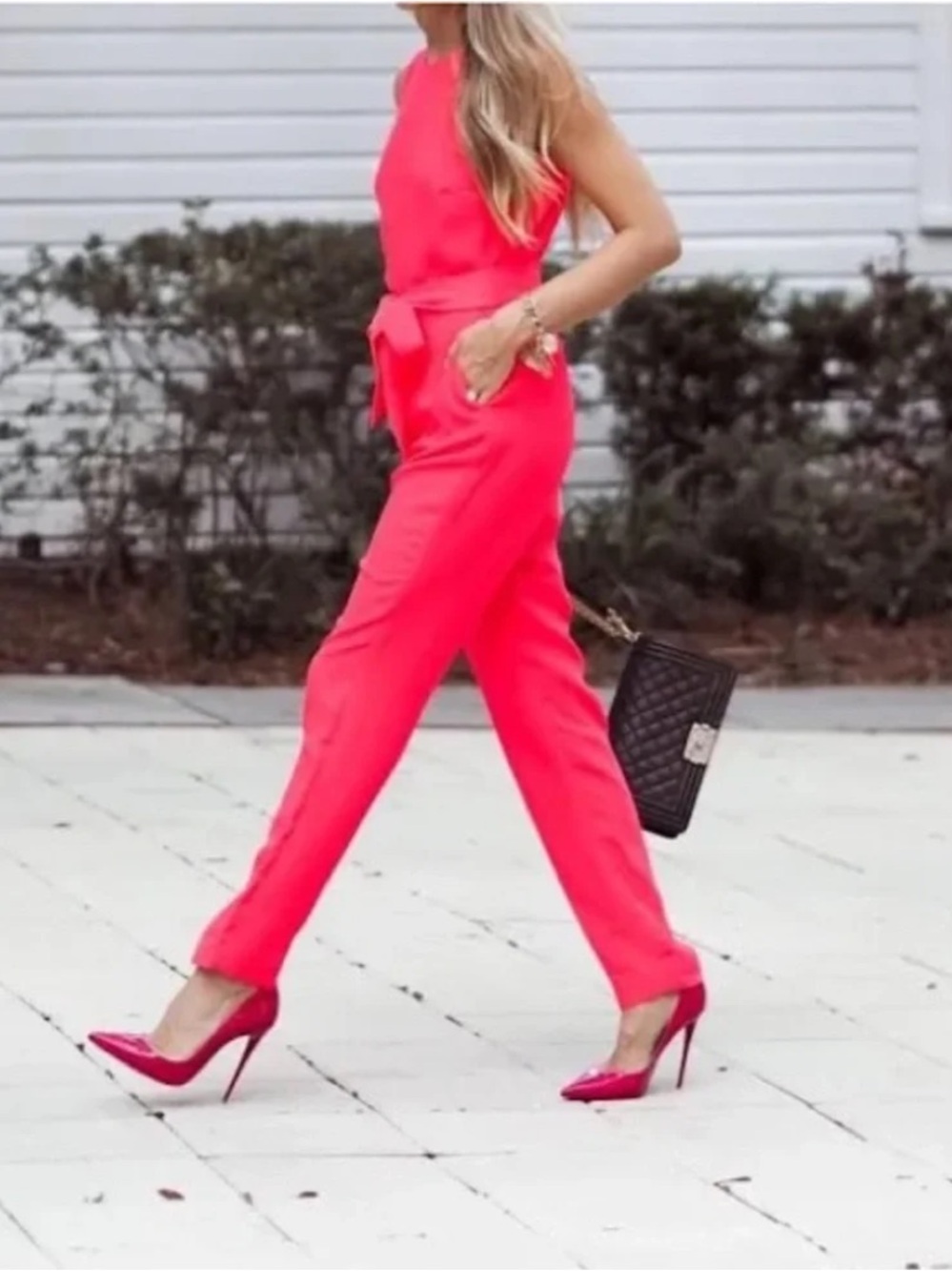 Banana Republic Bright Pink Sleeveless Jumpsuit Size 4 Tall Belted Straight Leg